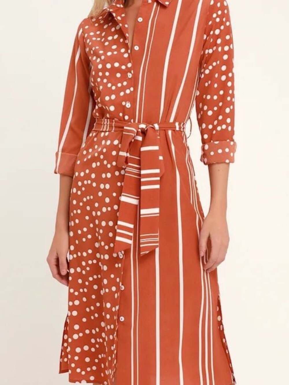 Lulu's Via Dolce Rust and White Polka Dot & Stripe Shirt Dress